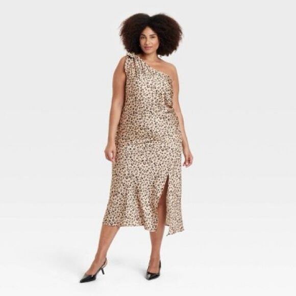 A New Day Black + Brown Satin Leopard Print One Shoulder Tea Length Dress - Picture 2 of 9